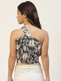 Thumbnail for Navy Blue & Off White Floral Print One Shoulder Crop Top - RueCollections