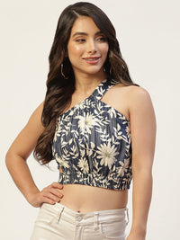 Thumbnail for Navy Blue & Off White Floral Print One Shoulder Crop Top - RueCollections