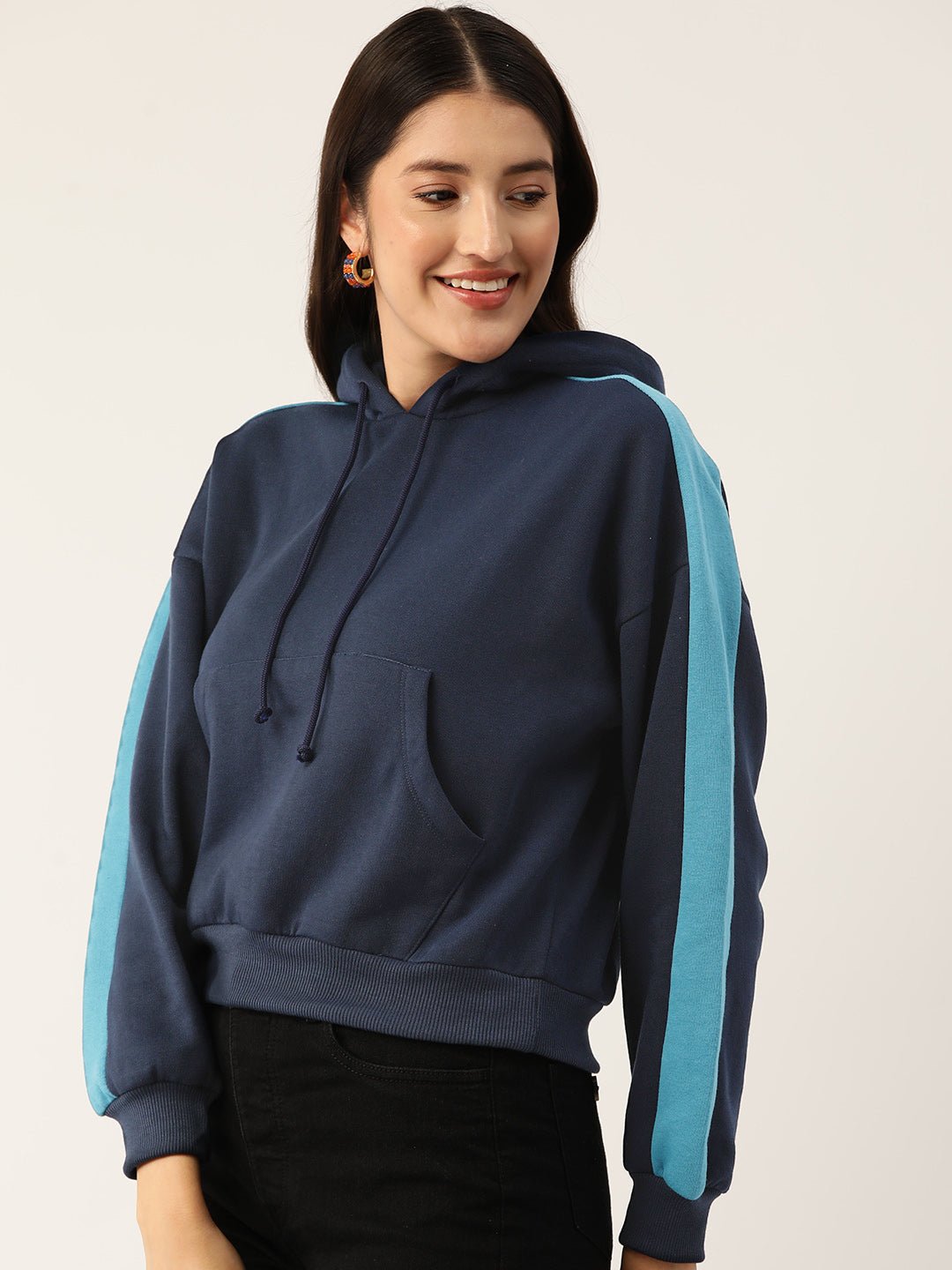 Navy Blue Striped Fleece Hooded Sweatshirt - RueCollections