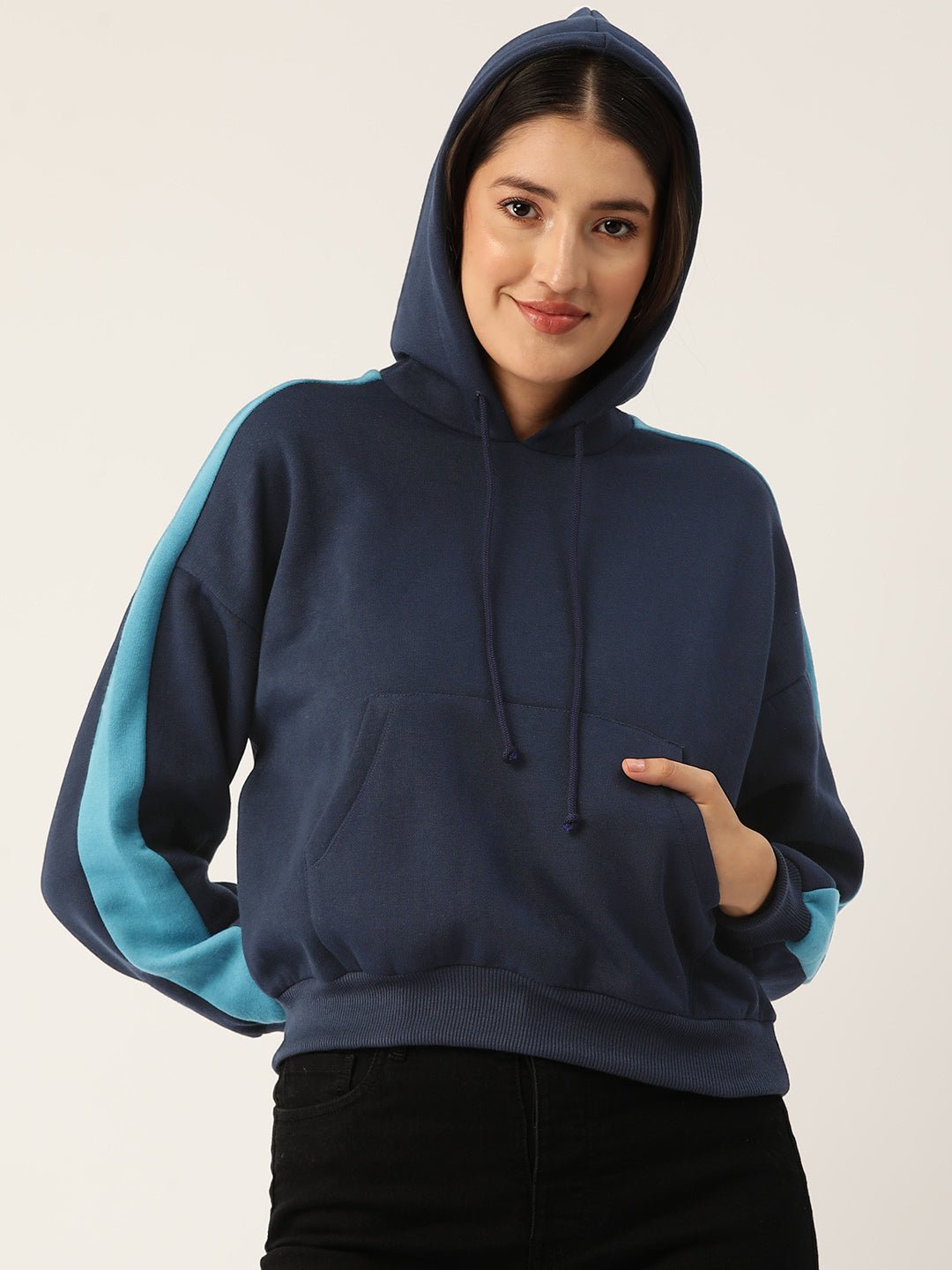 Navy Blue Striped Fleece Hooded Sweatshirt - RueCollections