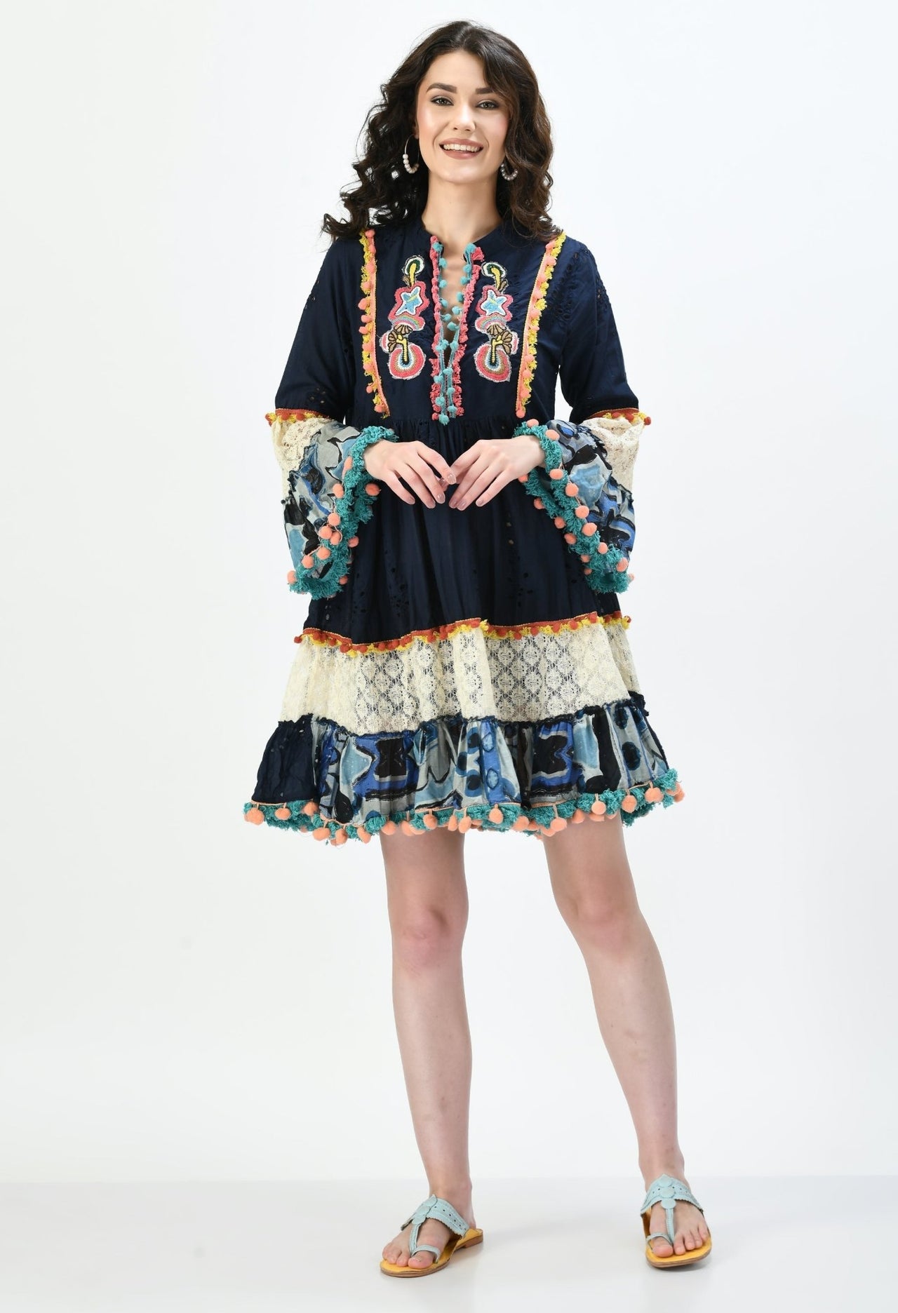 Navy Boho Embroidered Cutwork Dress - RueCollections