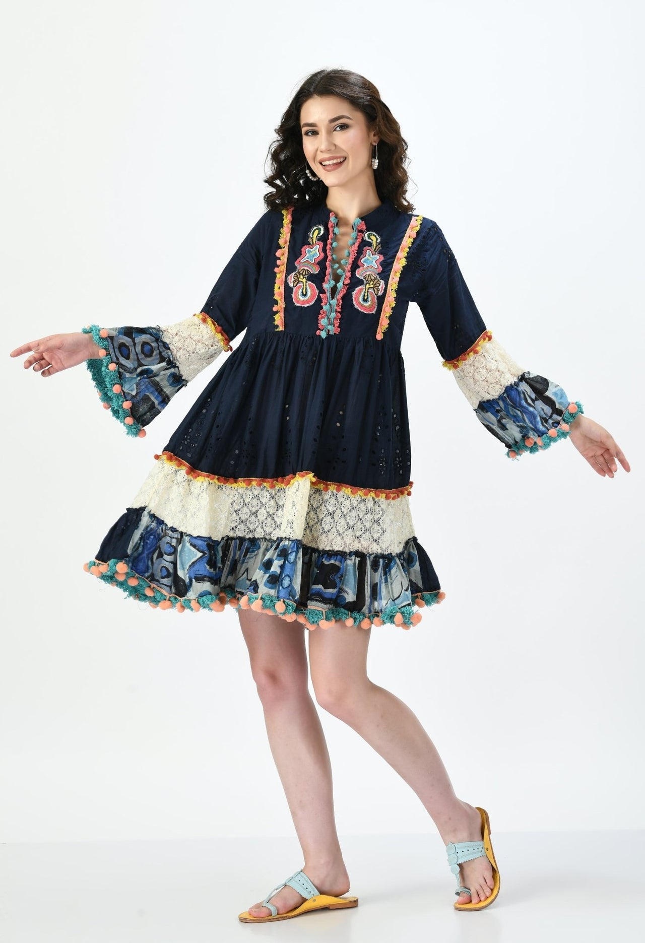 Navy Boho Embroidered Cutwork Dress - RueCollections