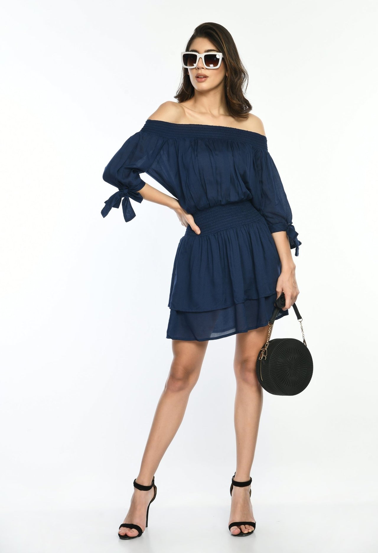 Navy Off Shoulder Tiered Dress - RueCollections