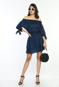 Thumbnail for Navy Off Shoulder Tiered Dress - RueCollections