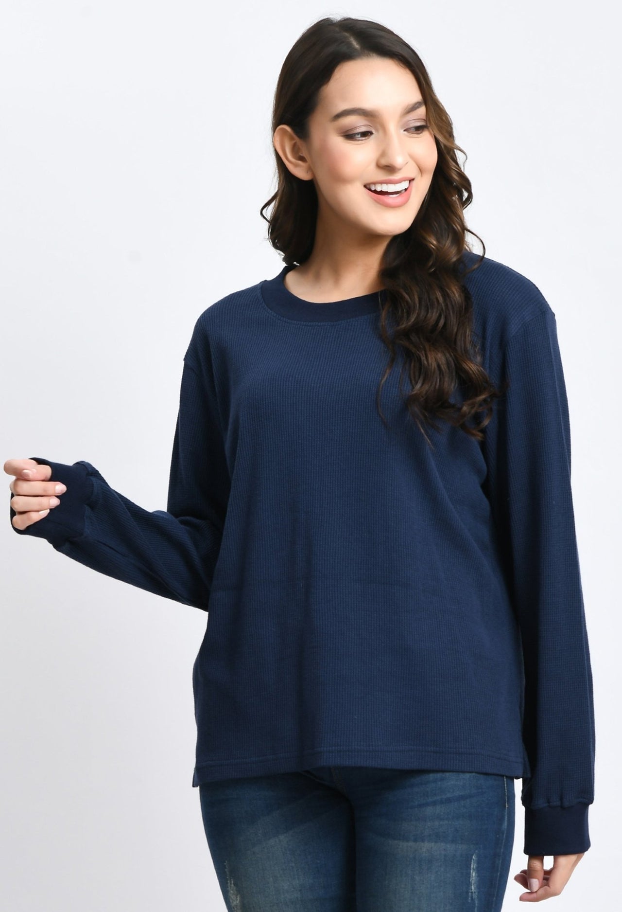 Navy Waffle Unisex Basic Full Sleeves T-shirt - RueCollections