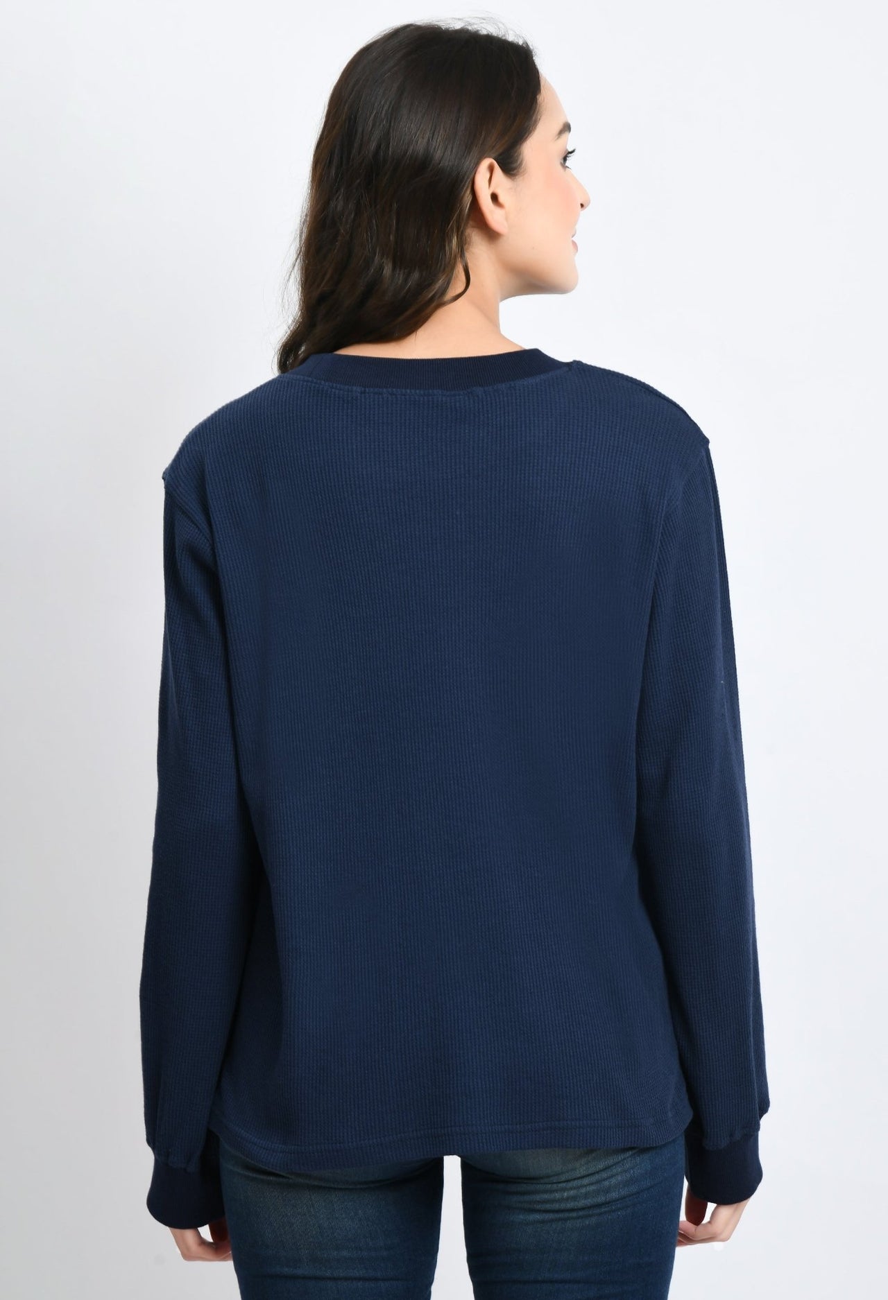 Navy Waffle Unisex Basic Full Sleeves T-shirt - RueCollections