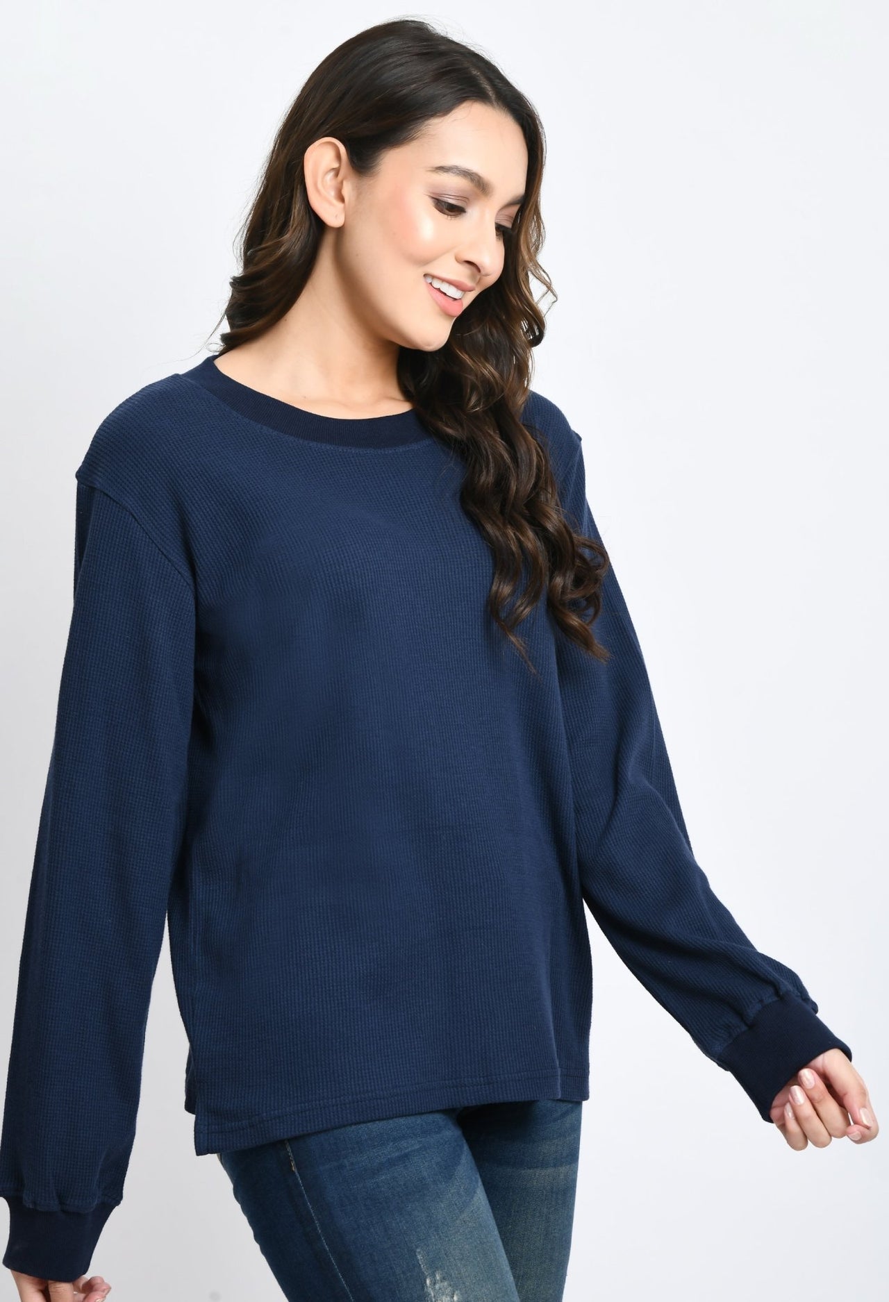 Navy Waffle Unisex Basic Full Sleeves T-shirt - RueCollections