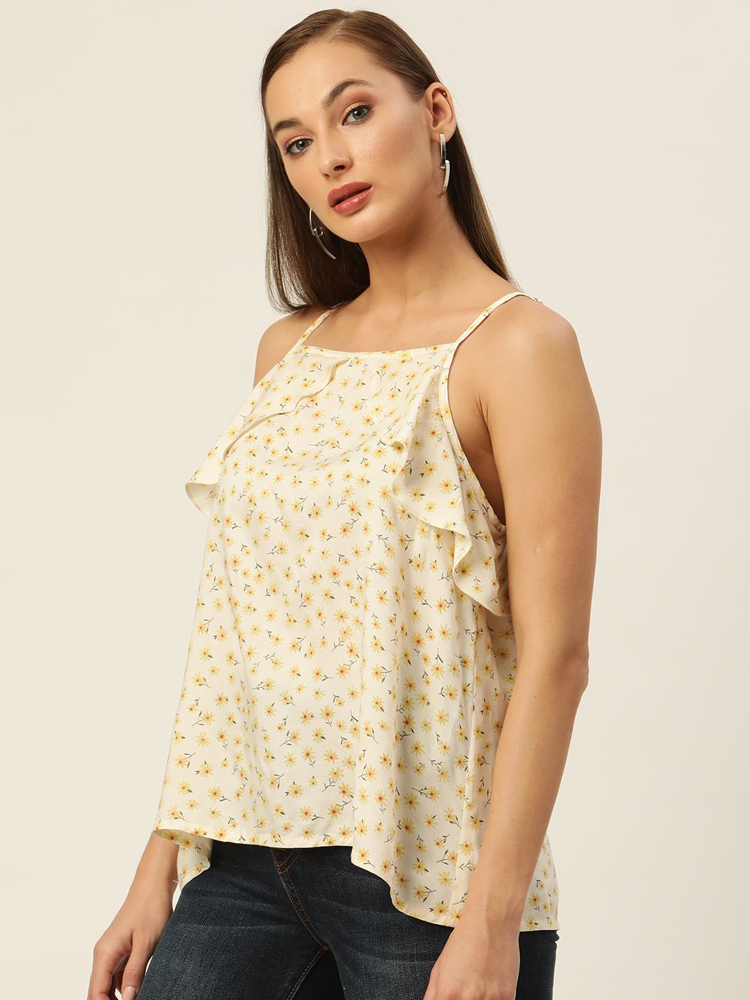 Off White & Yellow Floral Print Ruffles Top - RueCollections