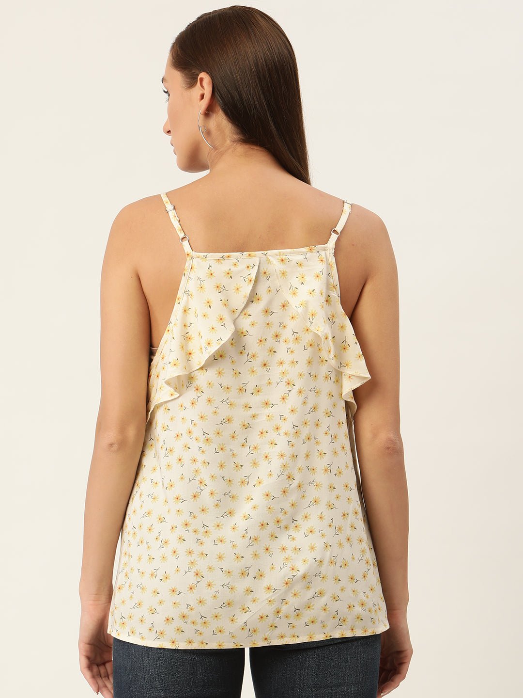 Off White & Yellow Floral Print Ruffles Top - RueCollections