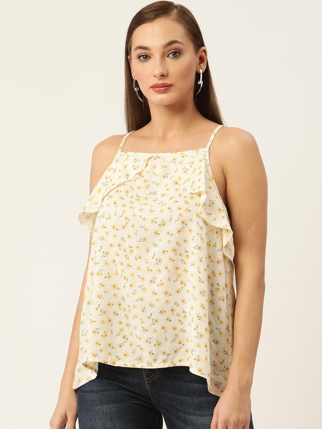 Off White & Yellow Floral Print Ruffles Top - RueCollections