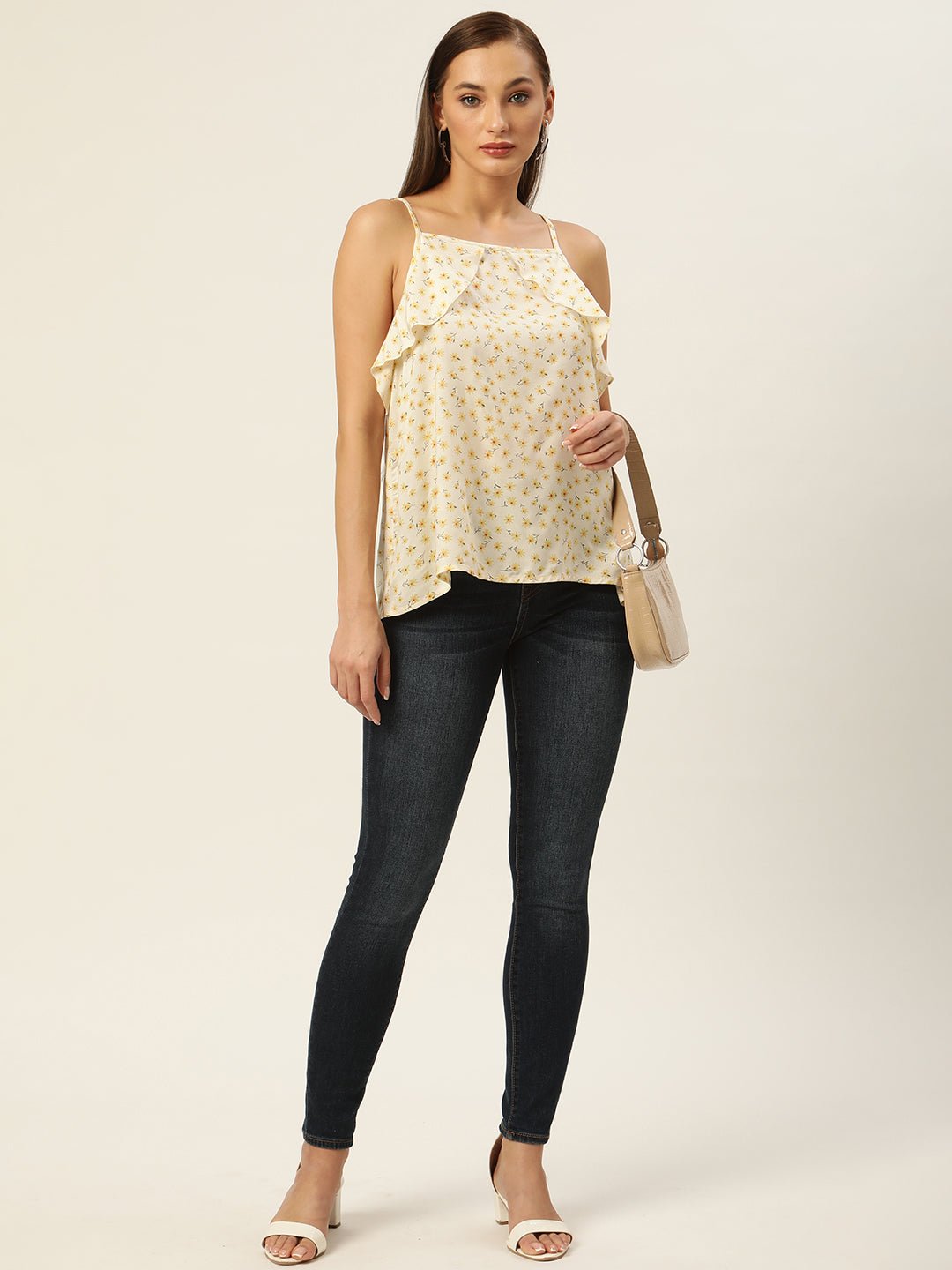 Off White & Yellow Floral Print Ruffles Top - RueCollections