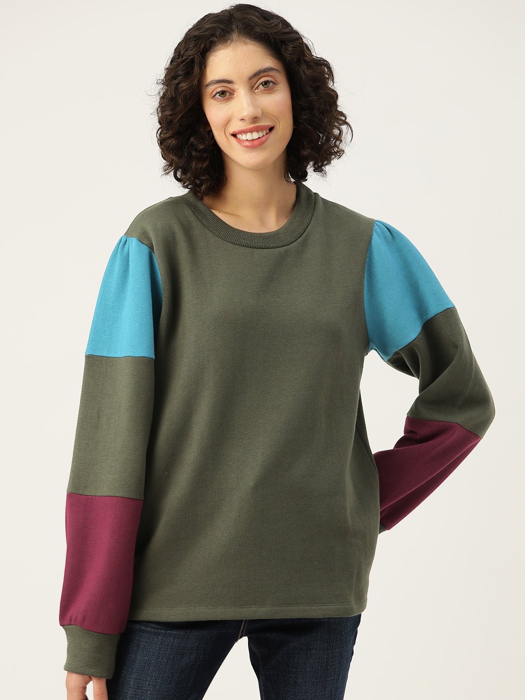 Olive Green Colourblocked Longline Fleece Sweatshirt - RueCollections