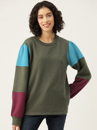 Thumbnail for Olive Green Colourblocked Longline Fleece Sweatshirt - RueCollections