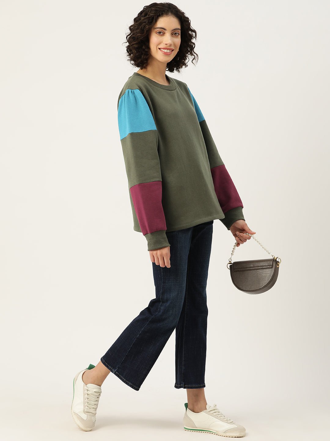 Olive Green Colourblocked Longline Fleece Sweatshirt - RueCollections