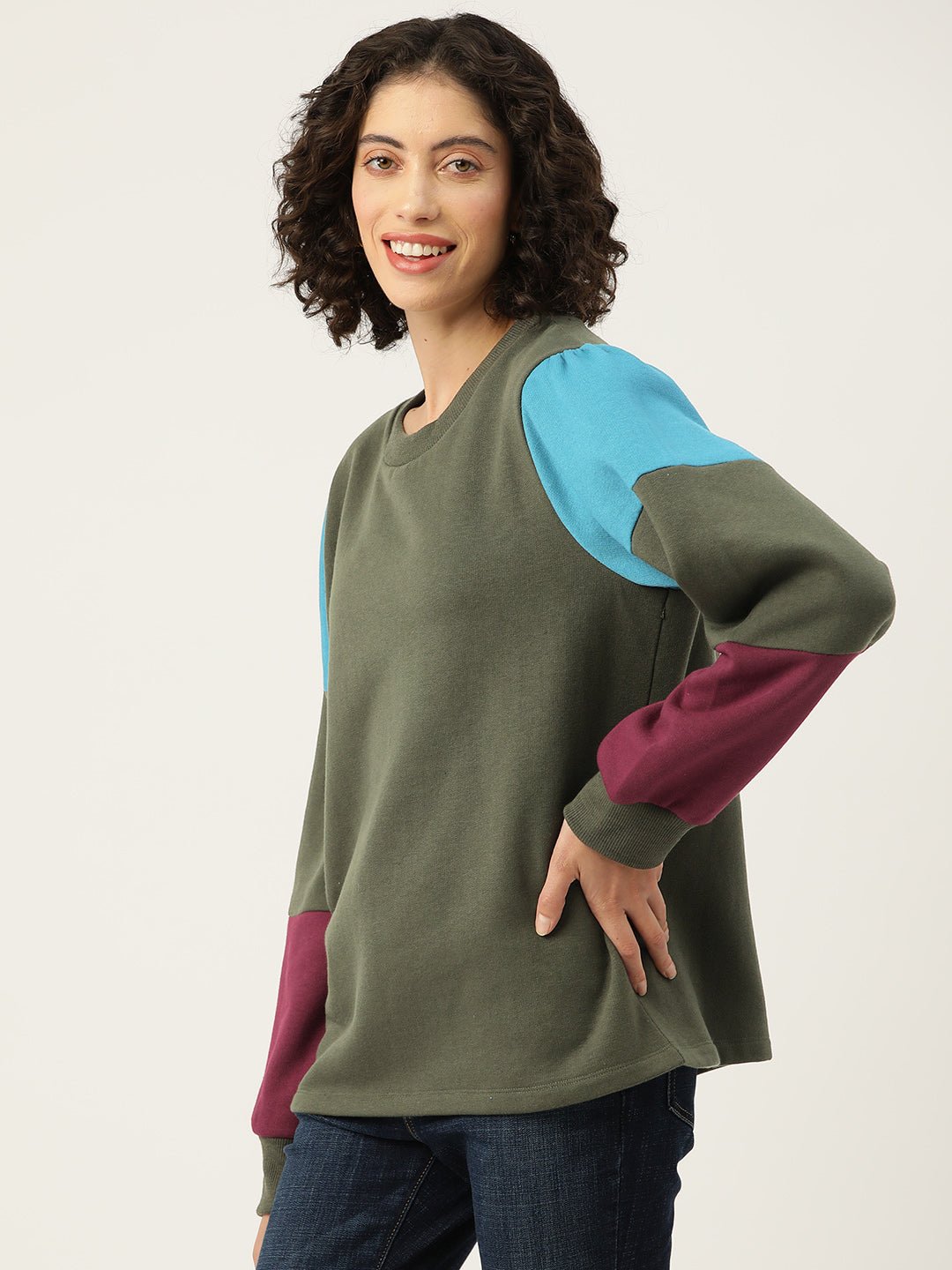 Olive Green Colourblocked Longline Fleece Sweatshirt - RueCollections