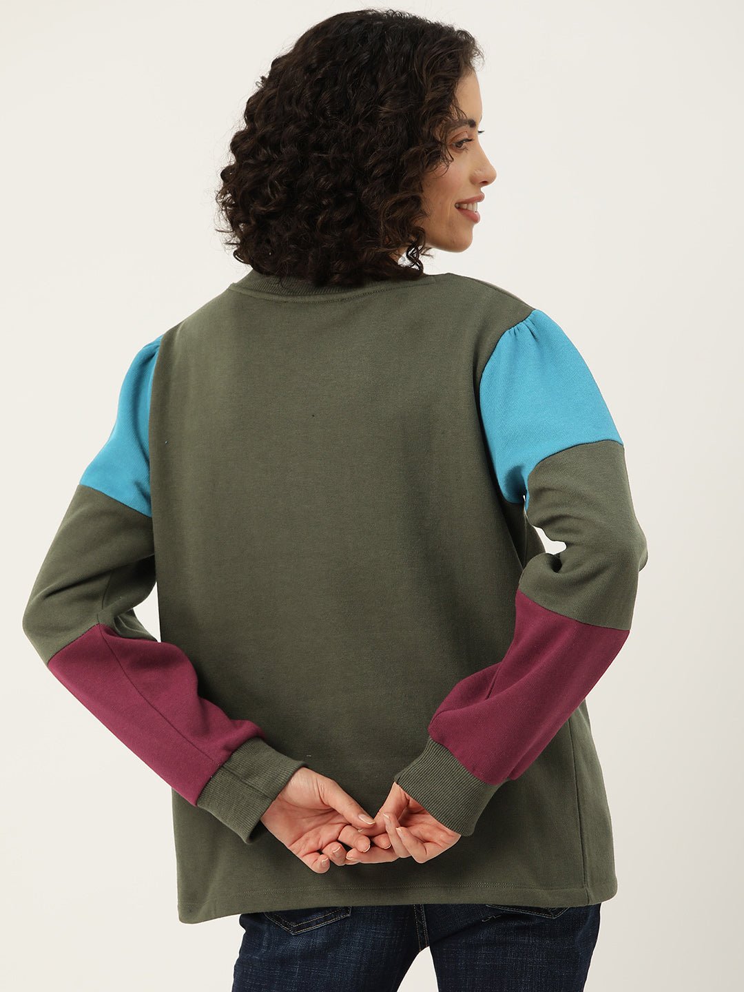 Olive Green Colourblocked Longline Fleece Sweatshirt - RueCollections