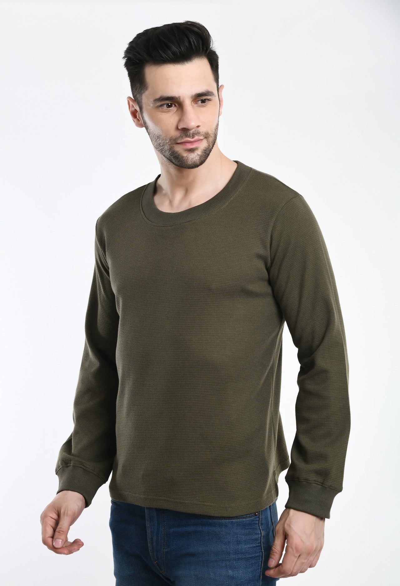 Olive Waffle Unisex Basic Full Sleeves T-shirt - RueCollections