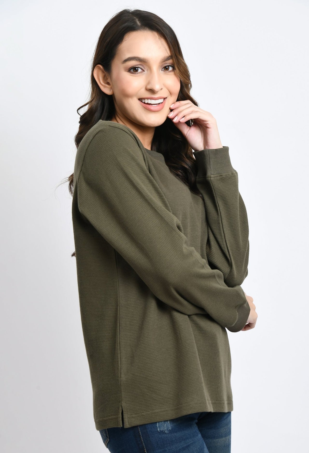 Olive Waffle Unisex Basic Full Sleeves T-shirt - RueCollections