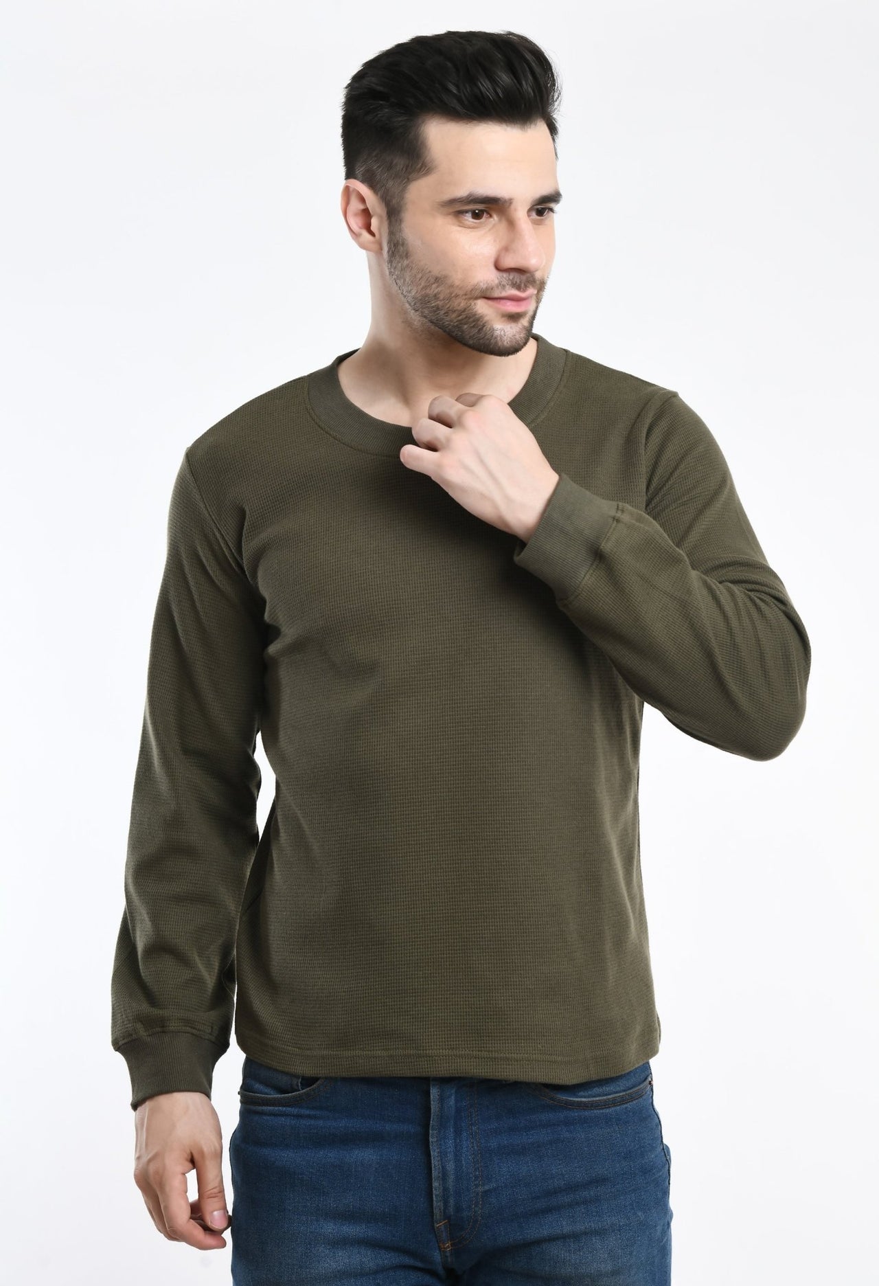 Olive Waffle Unisex Basic Full Sleeves T-shirt - RueCollections