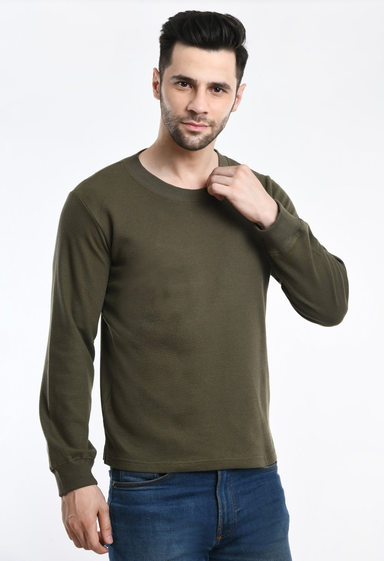 Olive Waffle Unisex Basic Full Sleeves T-shirt - RueCollections