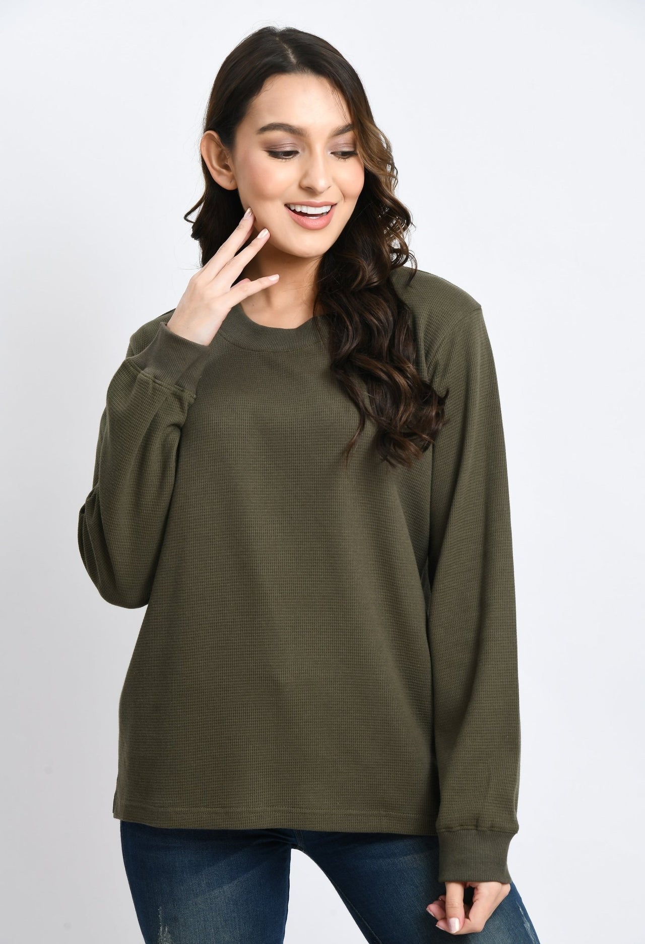 Olive Waffle Unisex Basic Full Sleeves T-shirt - RueCollections