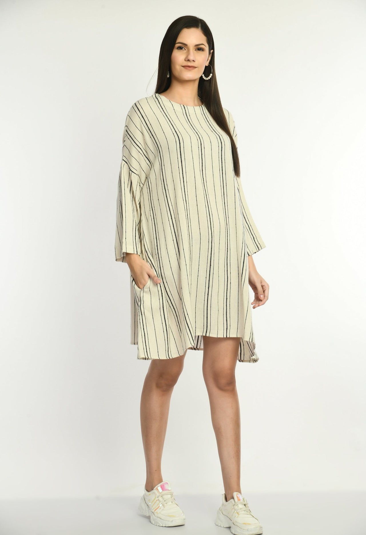 Oversized Cotton Striped Dress With Side Pockets - RueCollections