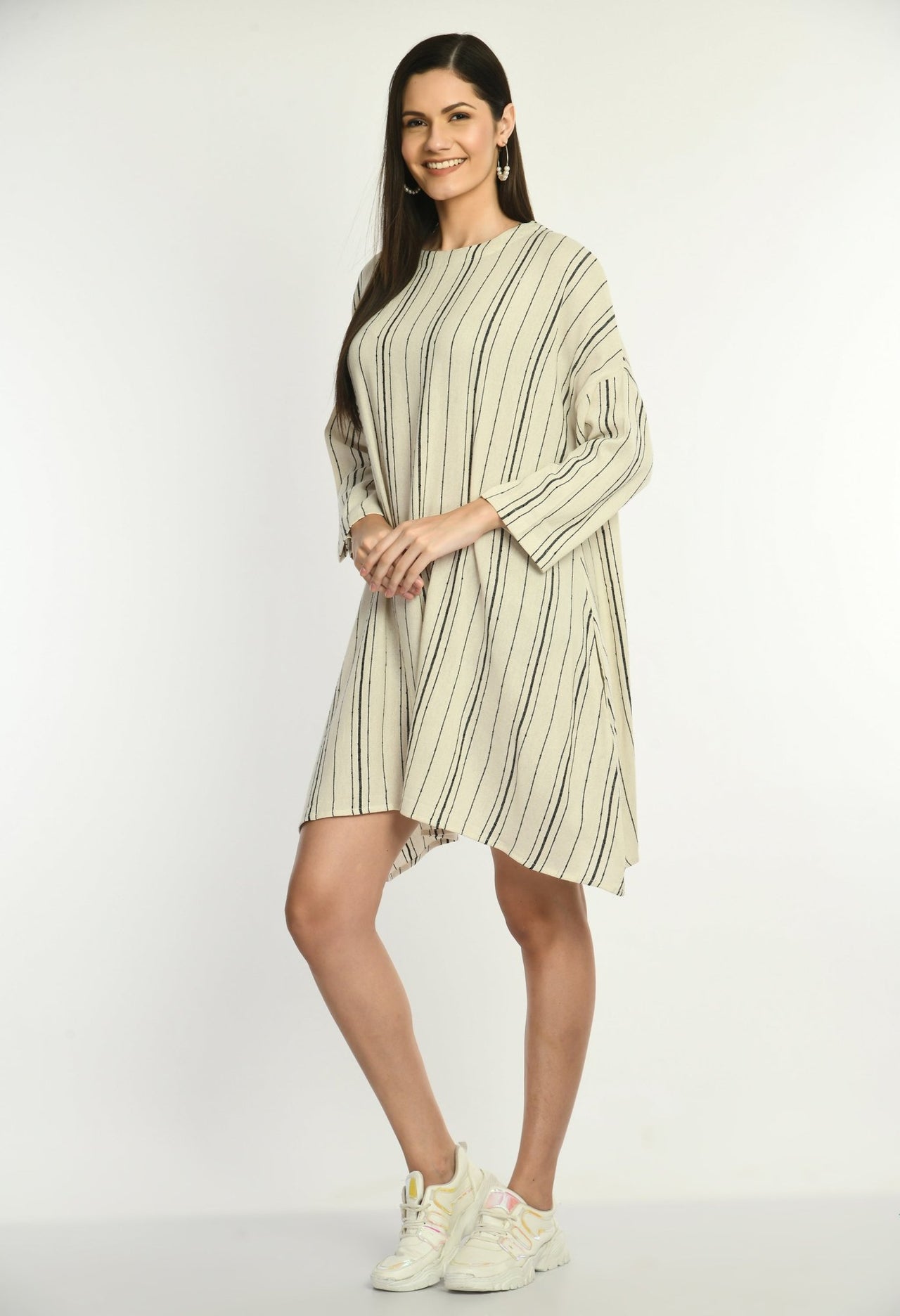 Oversized Cotton Striped Dress With Side Pockets - RueCollections