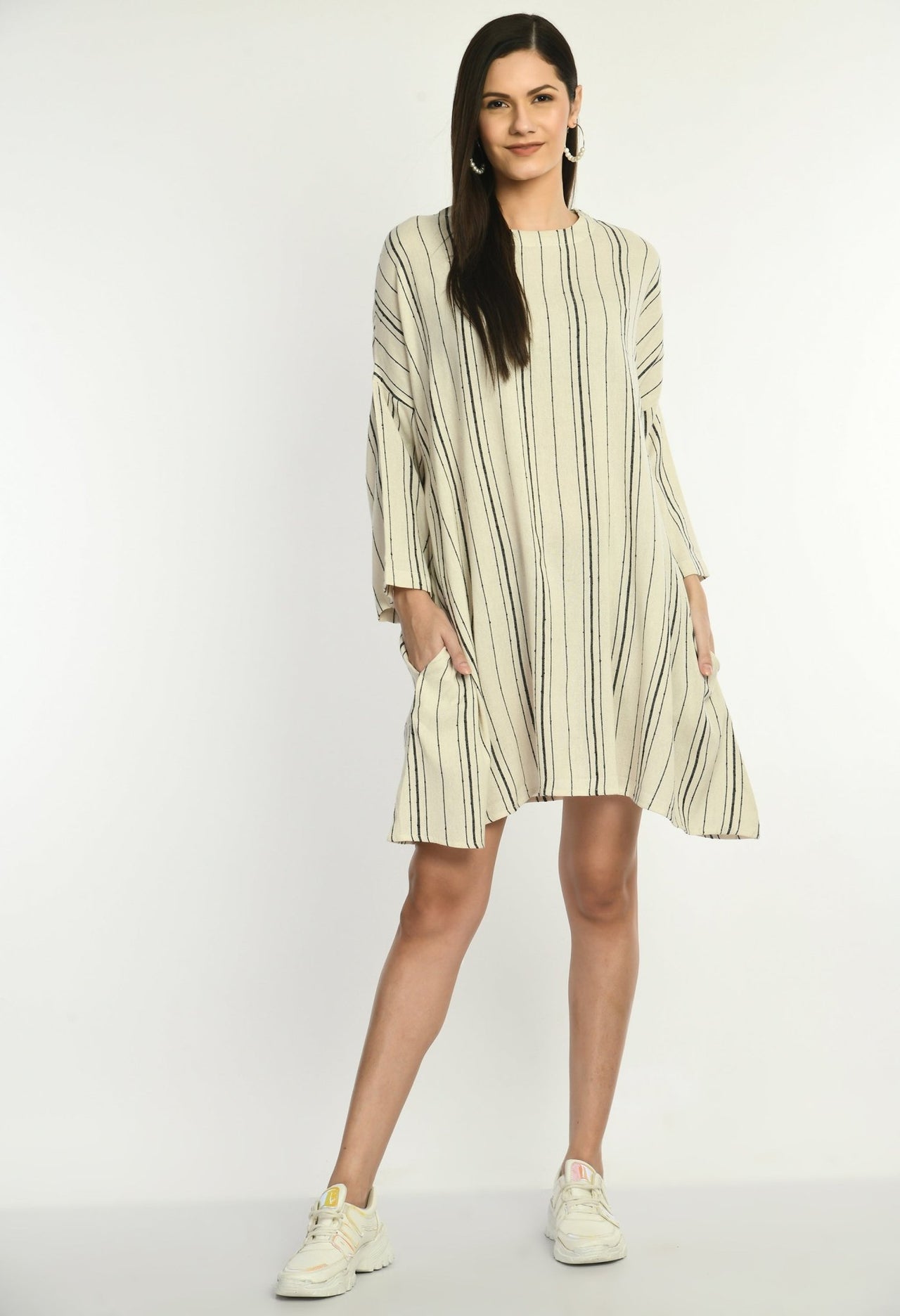 Oversized Cotton Striped Dress With Side Pockets - RueCollections