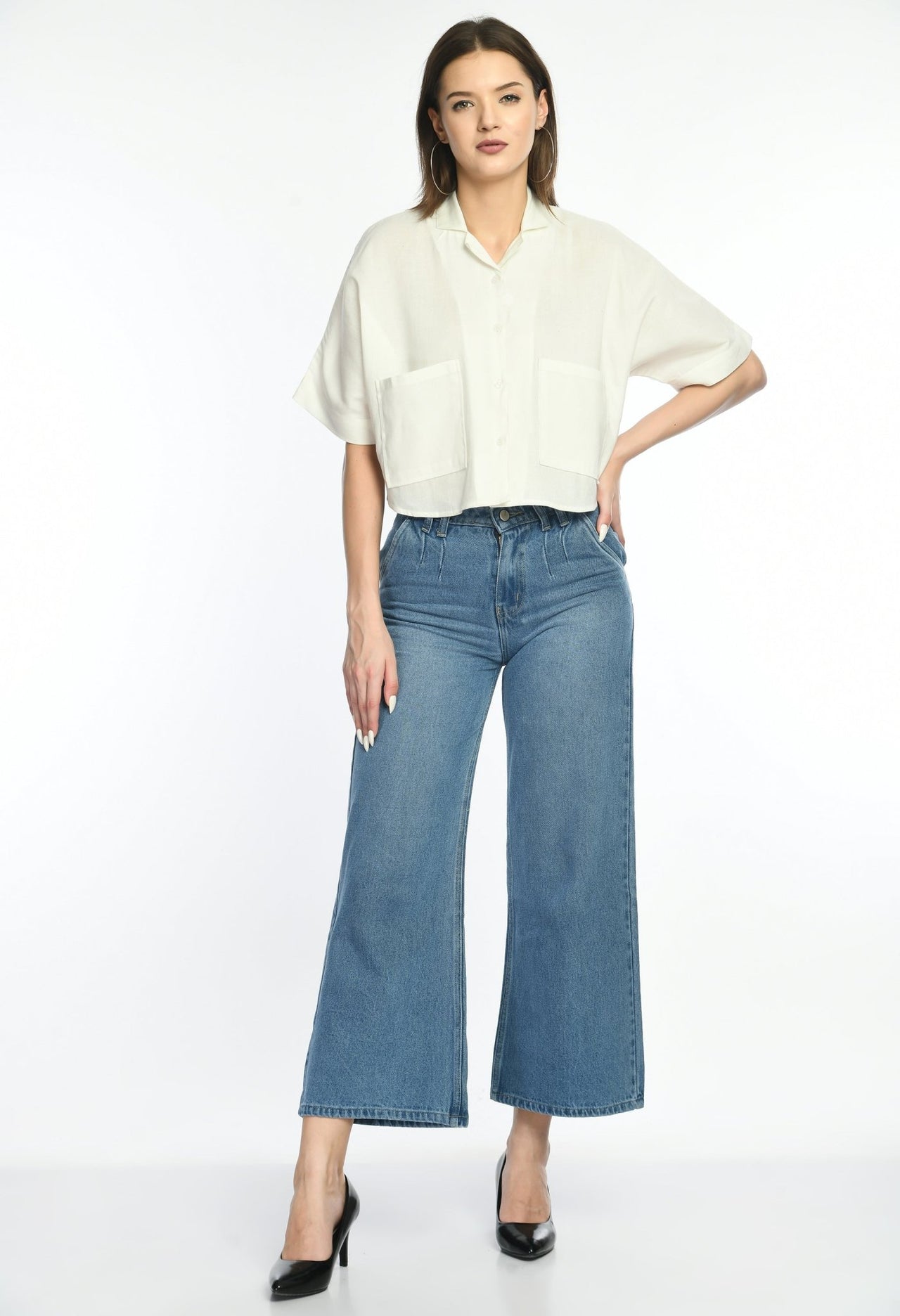 Oversized Cropped Shirt With Pockets - RueCollections