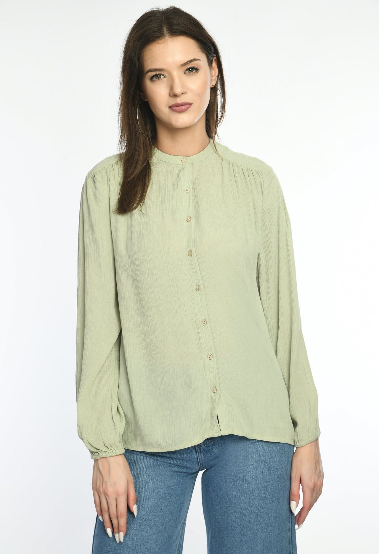 Pale Olive Viscose Button Down Top - RueCollections