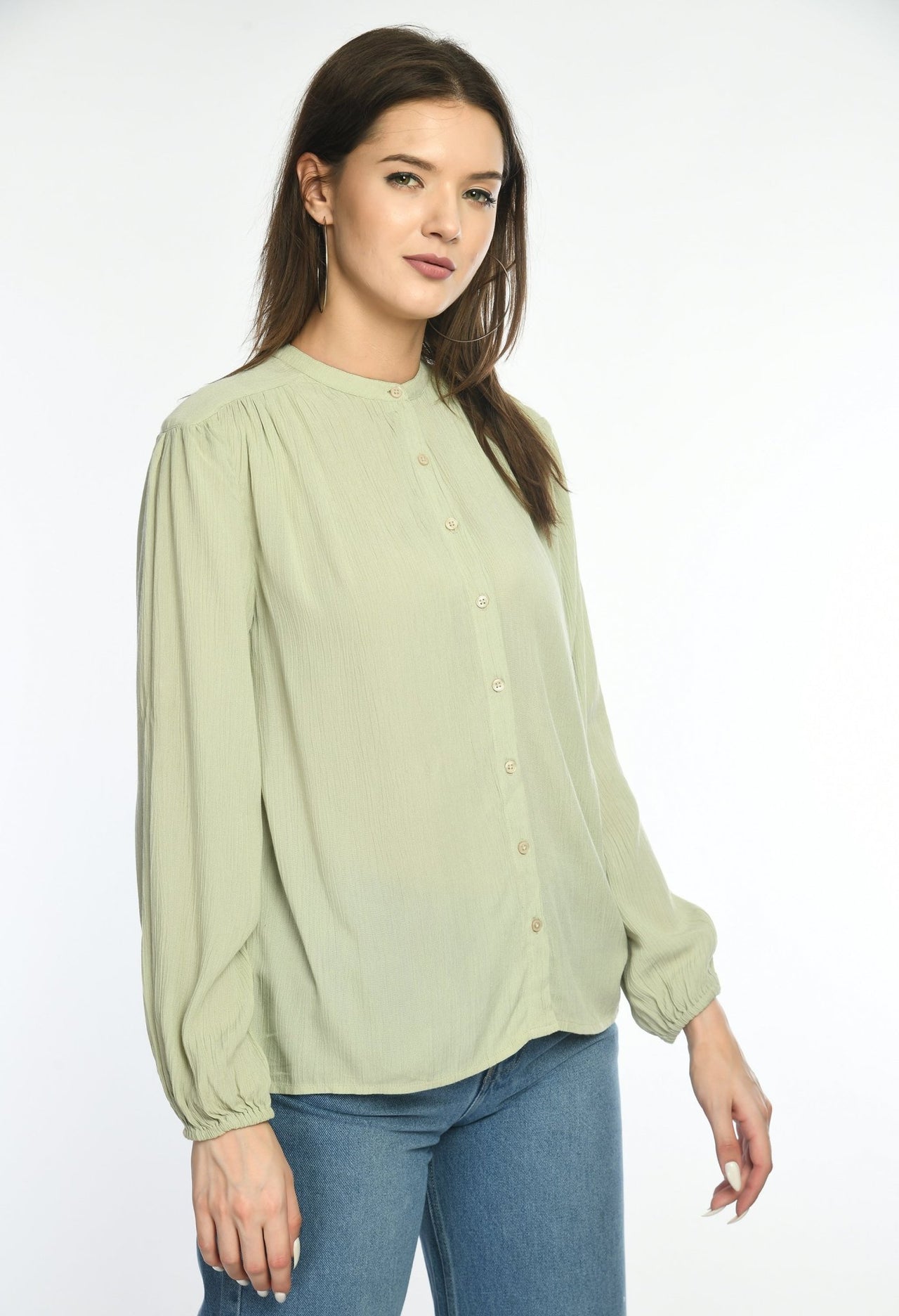 Pale Olive Viscose Button Down Top - RueCollections