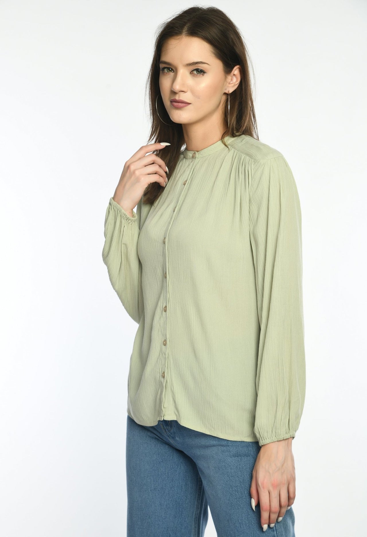 Pale Olive Viscose Button Down Top - RueCollections