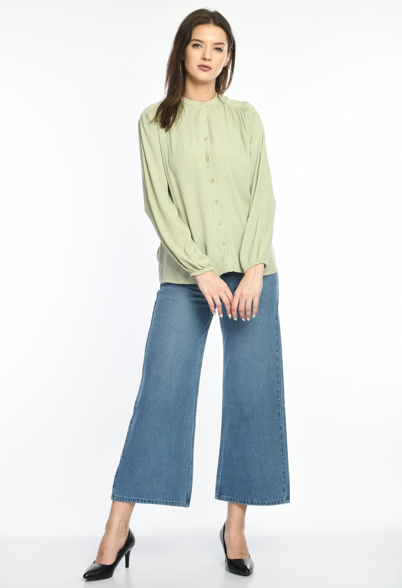 Pale Olive Viscose Button Down Top - RueCollections