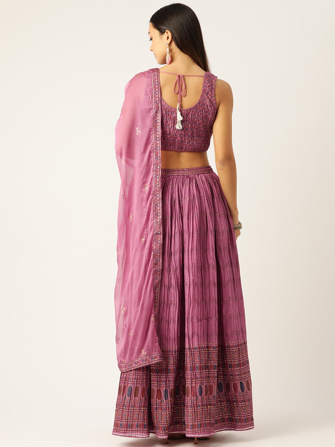 Pink & Blue Printed Ready to Wear Lehenga & Blouse With Dupatta & Potli - RueCollections