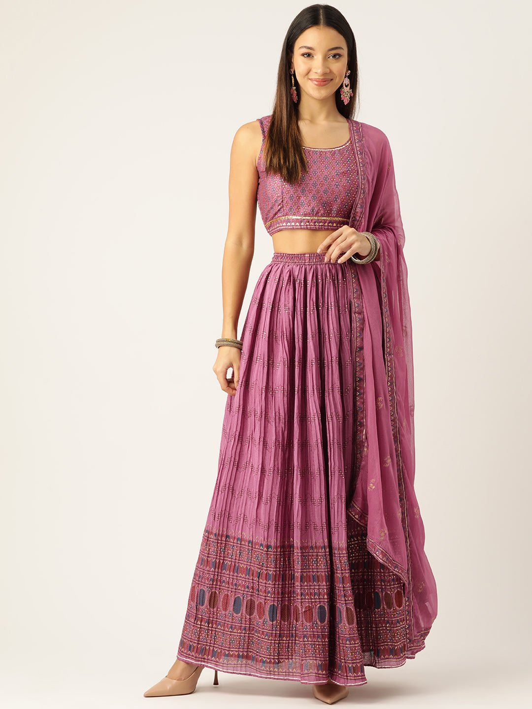 Pink & Blue Printed Ready to Wear Lehenga & Blouse With Dupatta & Potli - RueCollections