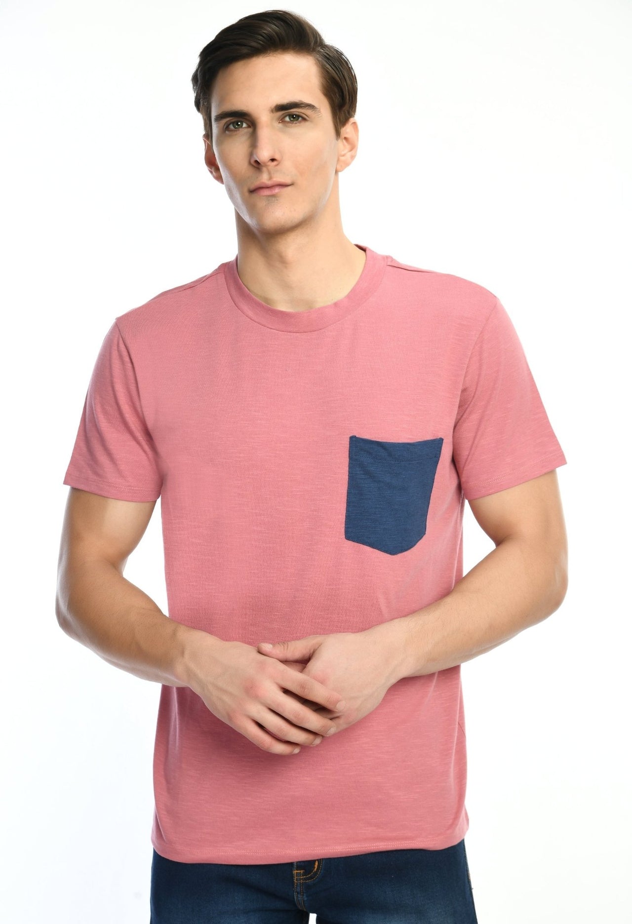 Pink Cotton T-shirt with Contrast Pocket - RueCollections