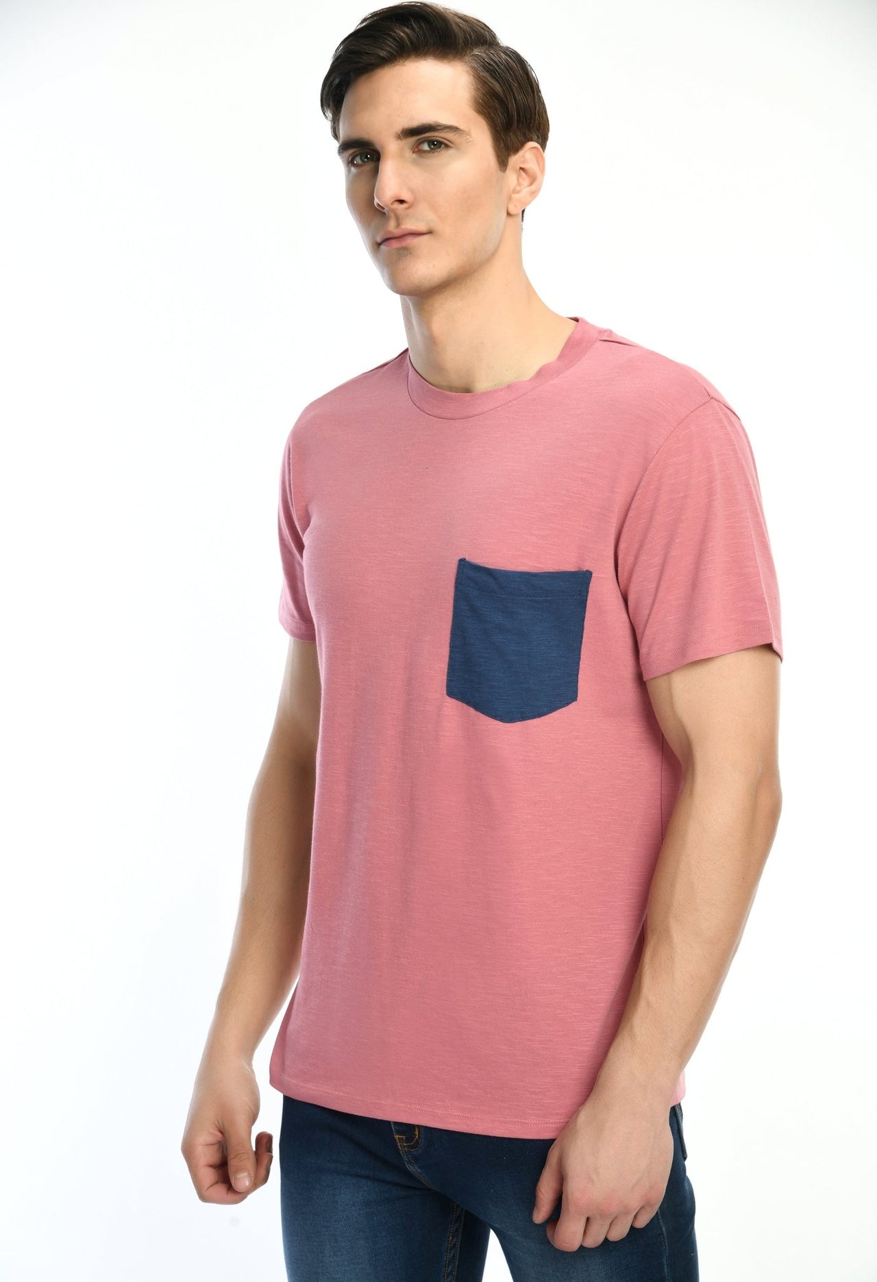 Pink Cotton T-shirt with Contrast Pocket - RueCollections