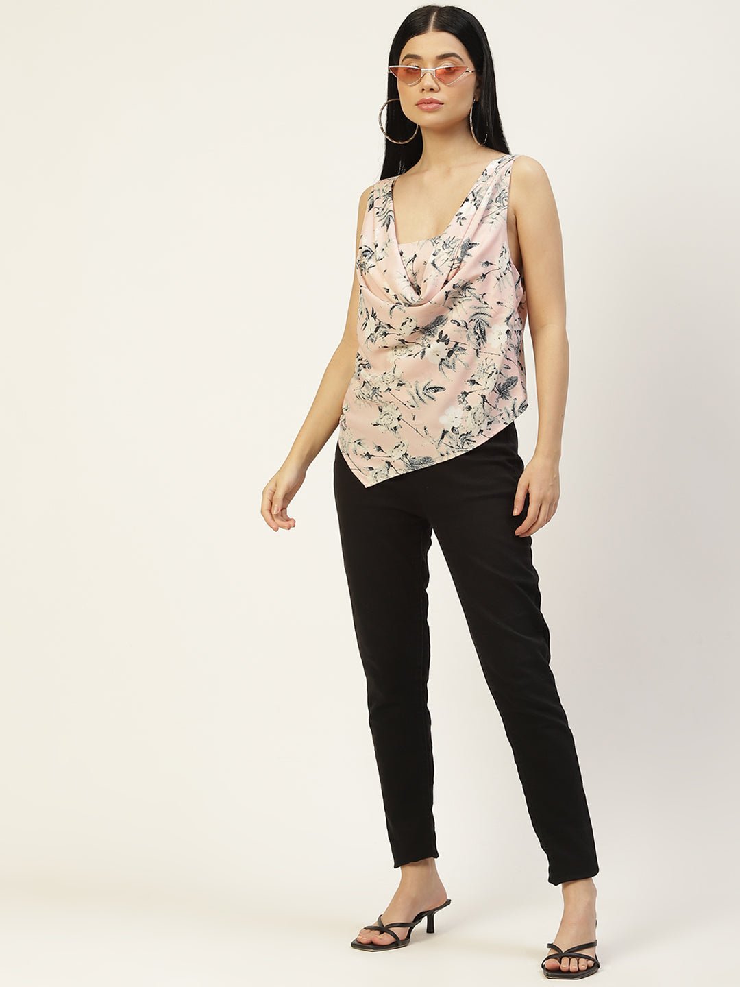 Pink & Grey Floral Print Cowl Neck Top - RueCollections