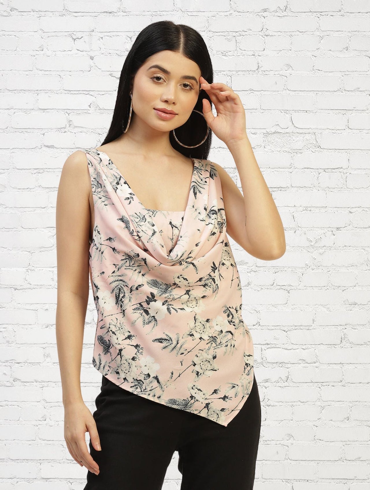 Pink & Grey Floral Print Cowl Neck Top - RueCollections