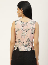 Thumbnail for Pink & Grey Floral Print Crepe Crop Top - RueCollections