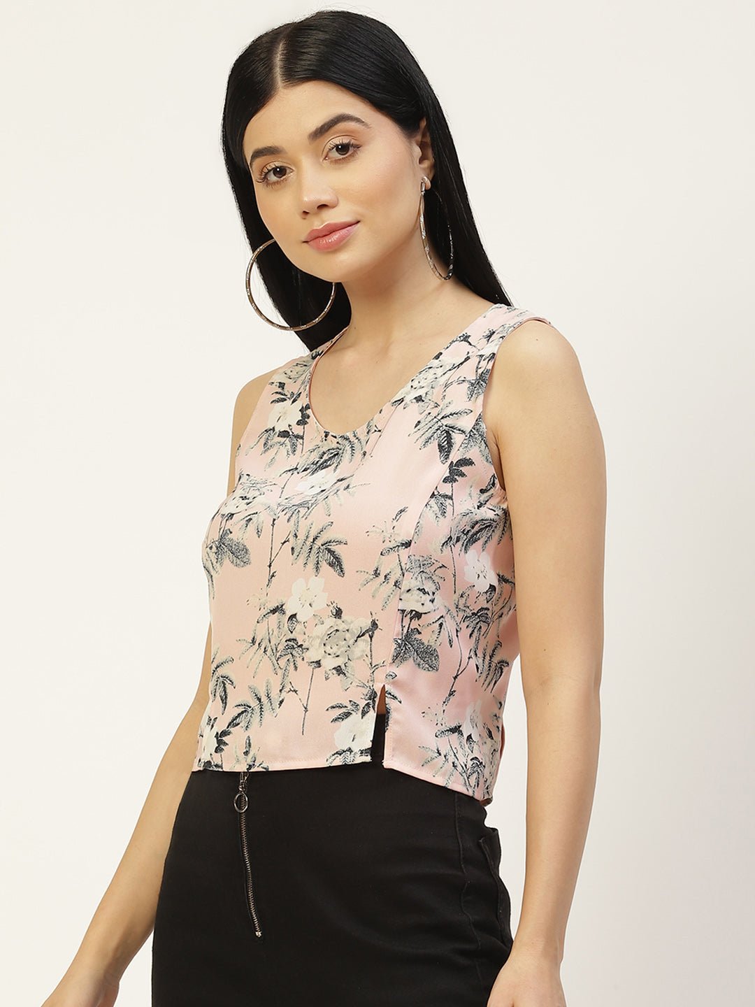 Pink & Grey Floral Print Crepe Crop Top - RueCollections