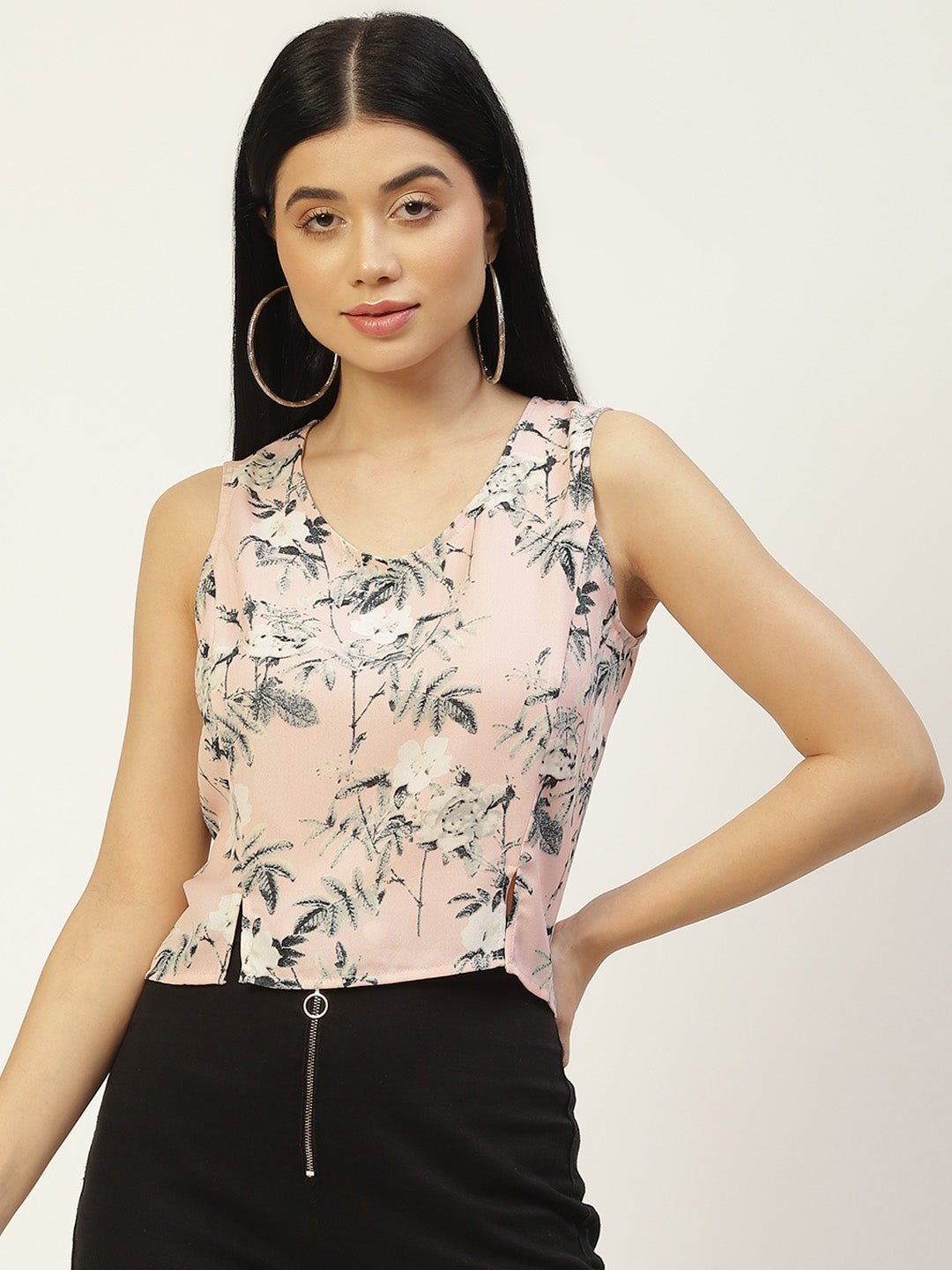 Pink & Grey Floral Print Crepe Crop Top - RueCollections