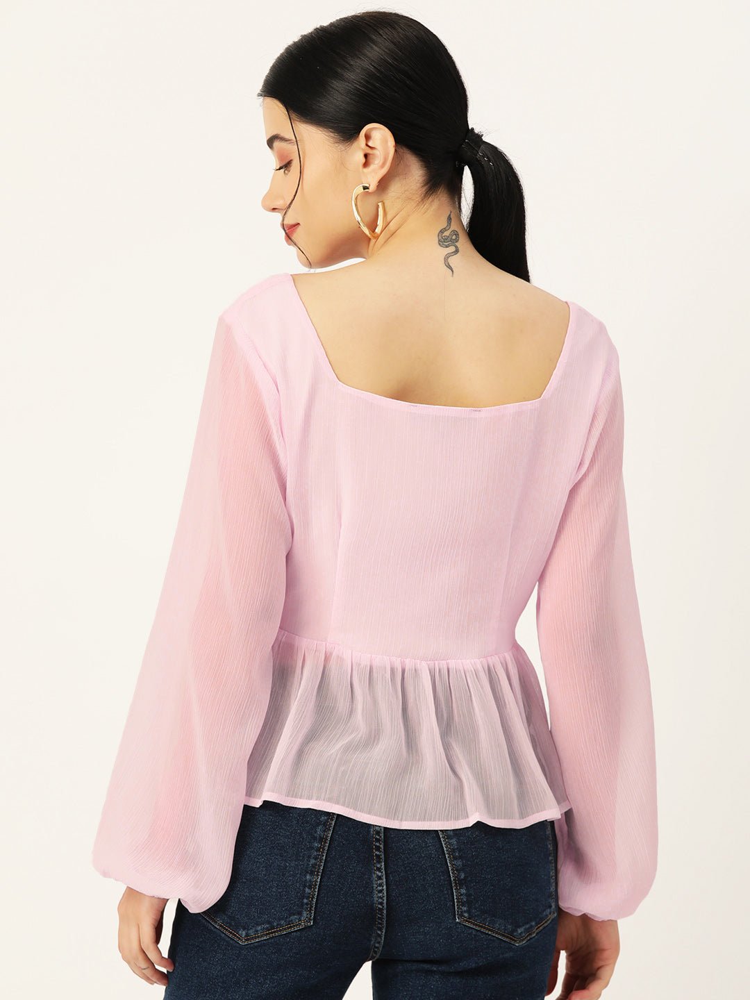 Pink Solid Puff Sleeve Peplum Top - RueCollections