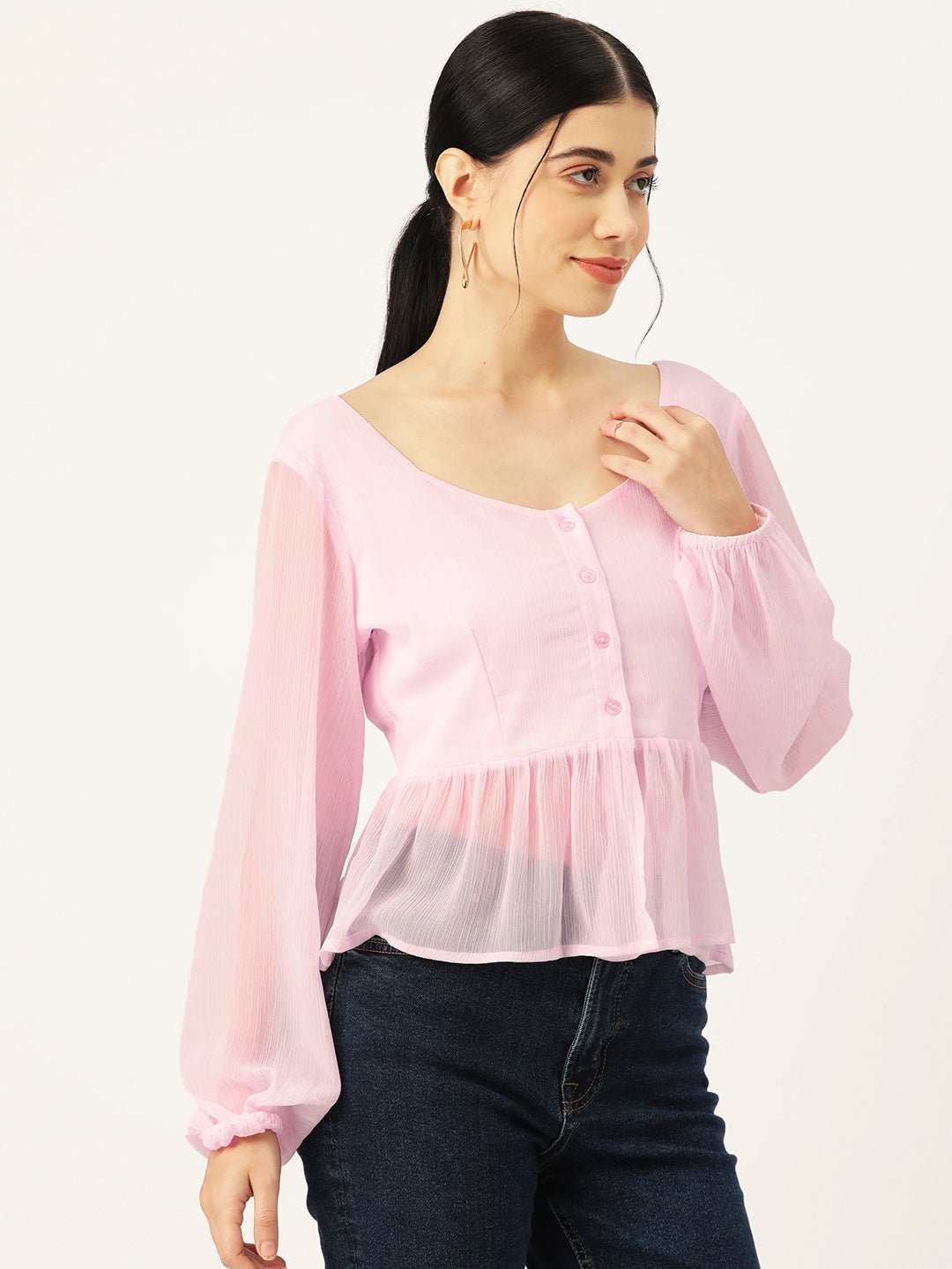 Pink Solid Puff Sleeve Peplum Top - RueCollections