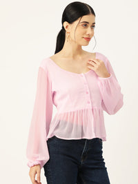 Thumbnail for Pink Solid Puff Sleeve Peplum Top - RueCollections