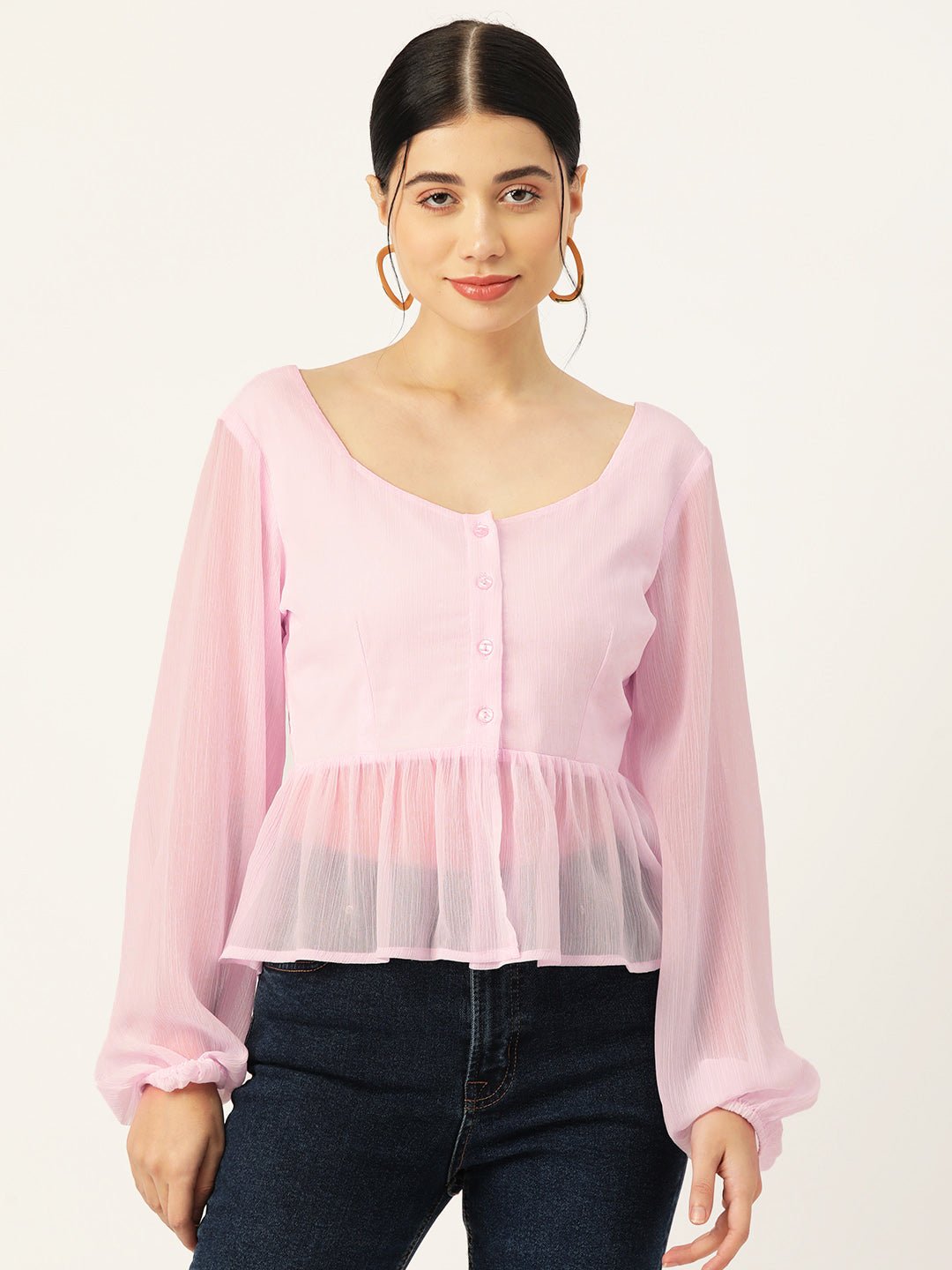 Pink Solid Puff Sleeve Peplum Top - RueCollections