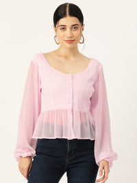 Thumbnail for Pink Solid Puff Sleeve Peplum Top - RueCollections