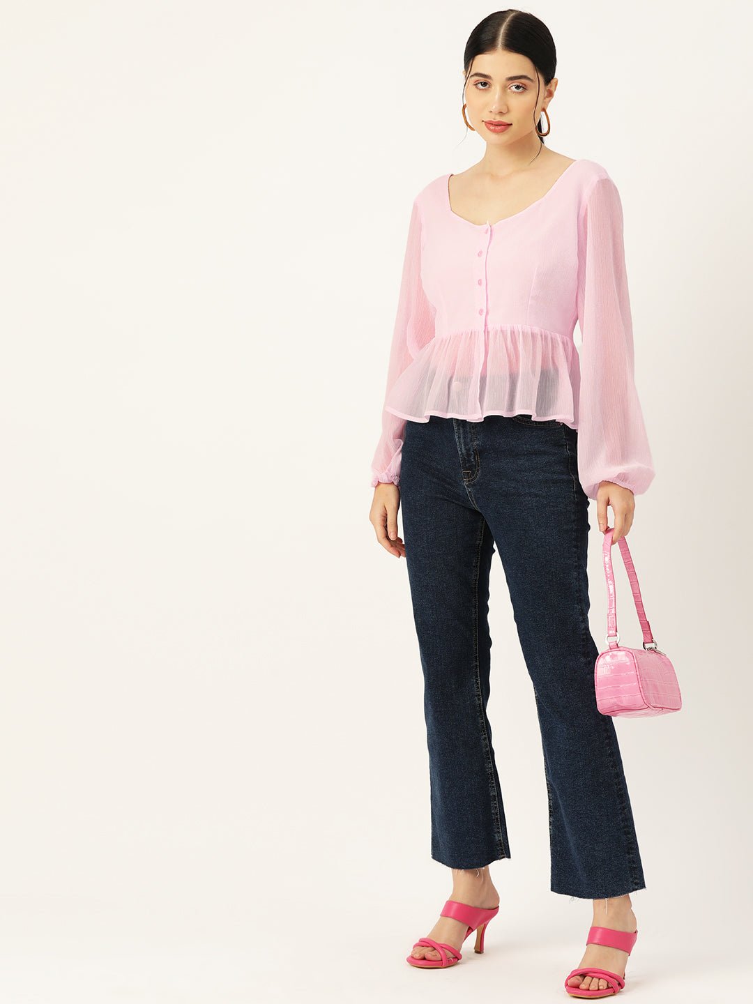 Pink Solid Puff Sleeve Peplum Top - RueCollections