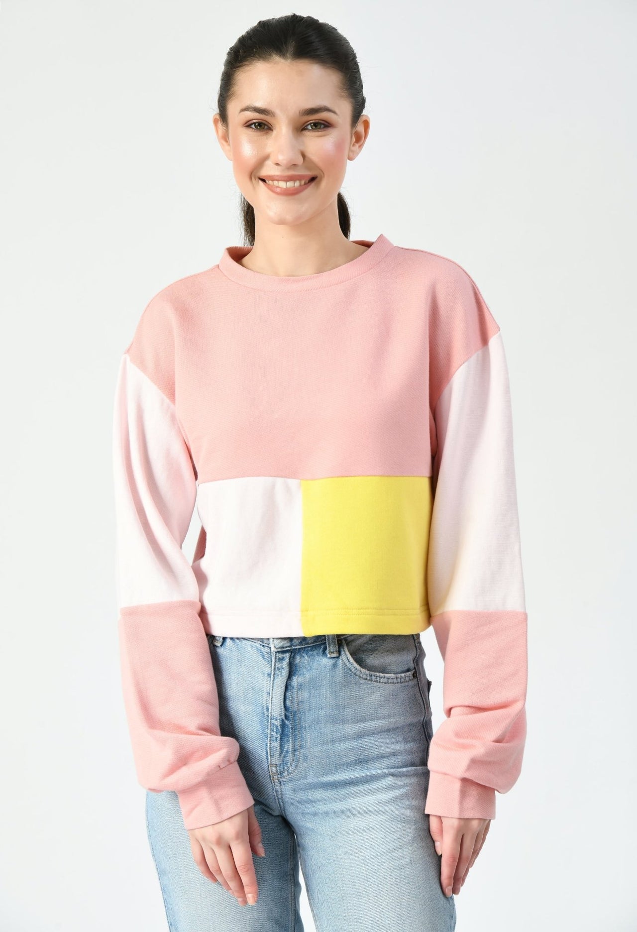 Pink/Yellow Color - Blocked Cropped Sweatshirt - RueCollections