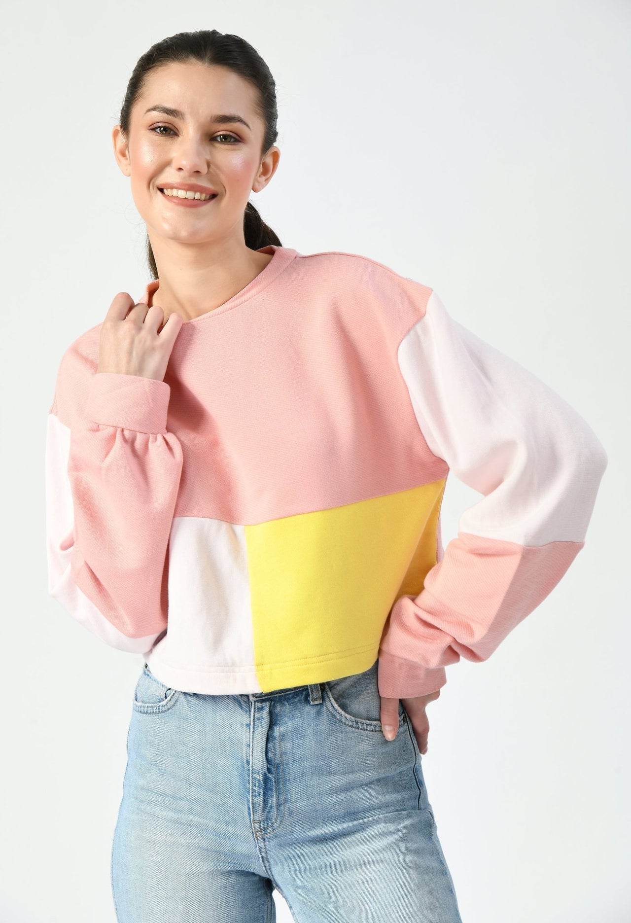 Pink/Yellow Color - Blocked Cropped Sweatshirt - RueCollections